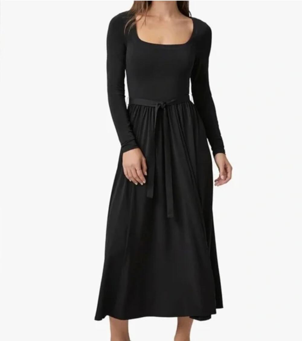 PAIGE | Black Nieve RIbbed Cotton Blend Square Neck Midi Dress | Size 4 *no belt
